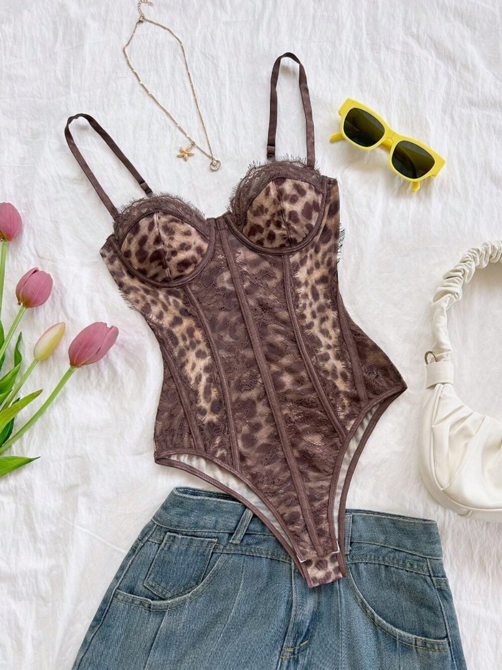 Brown Sexy Women's Leopard Print Bustier Lace Trim Bodysuit